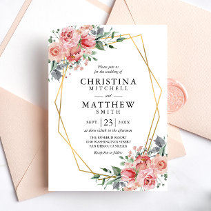 Invitation Fleurs aquarelles rose blush verdure or mariage