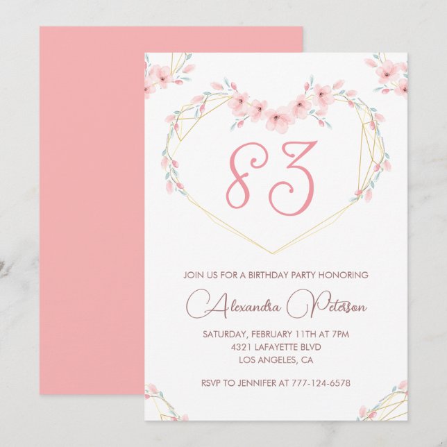 Invitation Fleurs aquarelles rose boho 83e anniversaire  (Devant / Derrière)