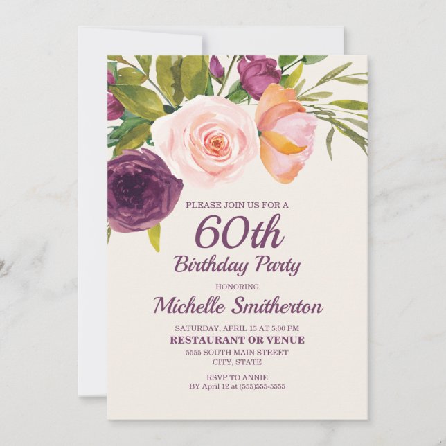 Invitation Fleurs aquarelles rose et violet pour 60 ans (Devant)