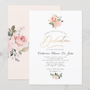Invitation Fleurs aquarelles rose Fausse dédicace en or