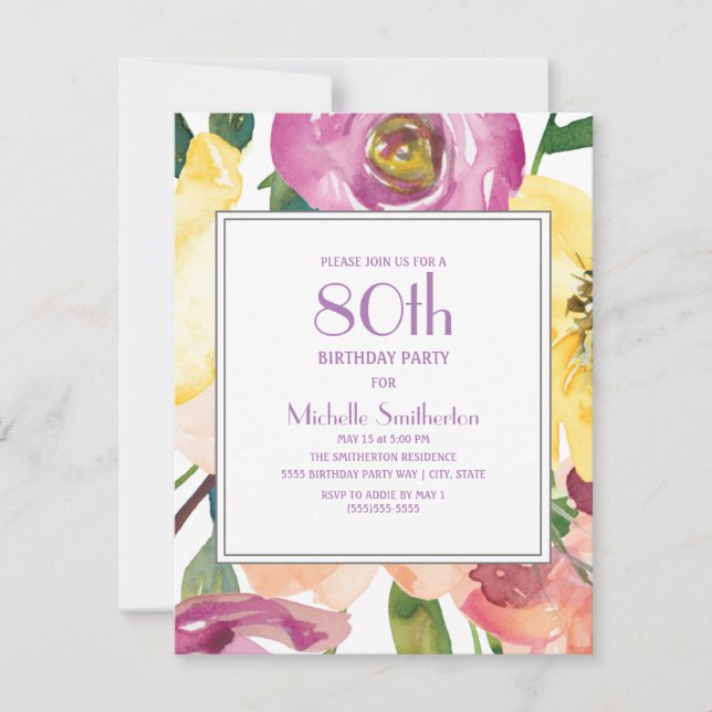 Invitation Fleurs aquarelles rose jaune violet 80ème annivers (Devant)