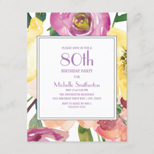 Invitation Fleurs aquarelles rose jaune violet 80ème annivers