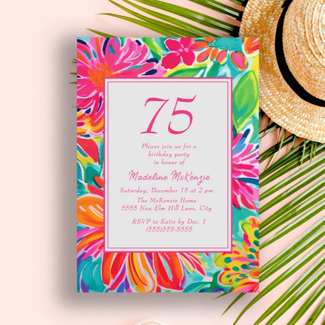 Invitation Fleurs Aquarelles Rose Orange Chaud 75e Anniversai (Hot pink and orange tropical leaves women's 75th birthday party invitation)