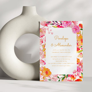 Invitation Fleurs aquarelles rose orange écriture chic mariag