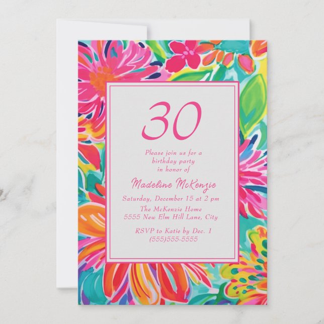 Invitation Fleurs aquarelles rose orange pour 30e anniversair (Devant)