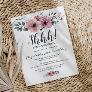 Invitation Fleurs aquarelles rose pâle Shhh Surprise Annivers