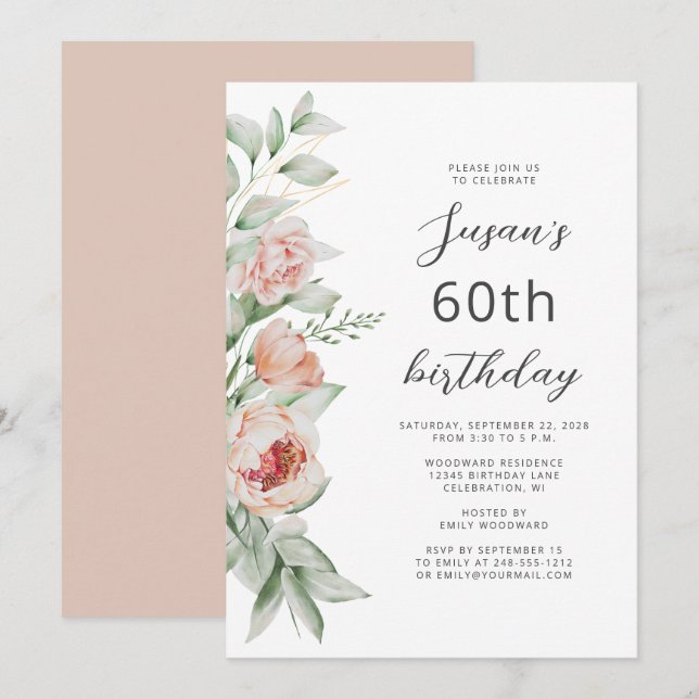 Invitation Fleurs aquarelles rose pêche 60e anniversaire (Devant / Derrière)