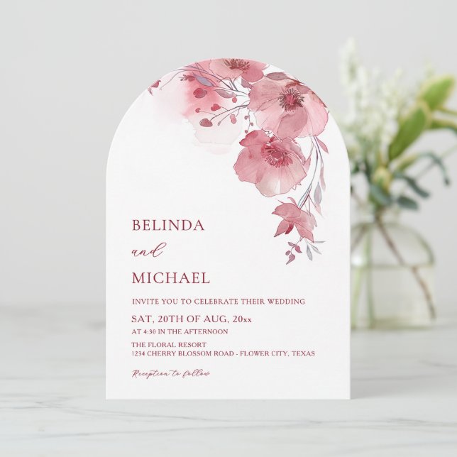 Invitation Fleurs aquarelles rose poussiéreux Mariage blanc a (Debout devant)