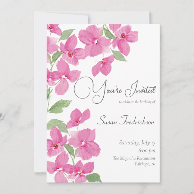 Invitation Fleurs aquarelles rose vif (Devant)