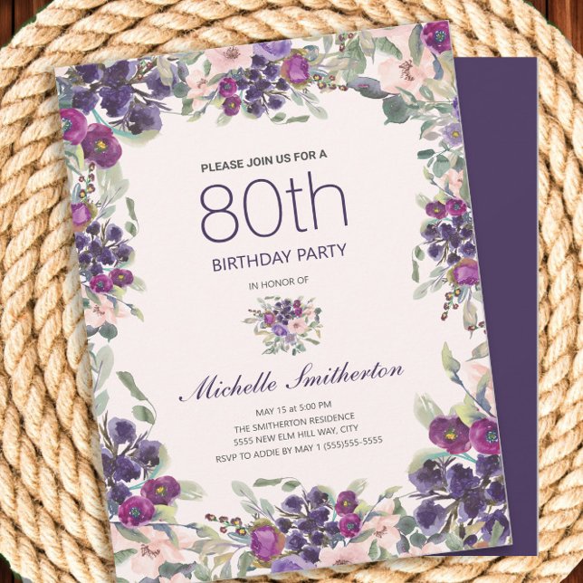 Invitation Fleurs aquarelles rose violet 80 ans (Rustic purple and pink watercolor floral 80th birthday party invitation for women.)