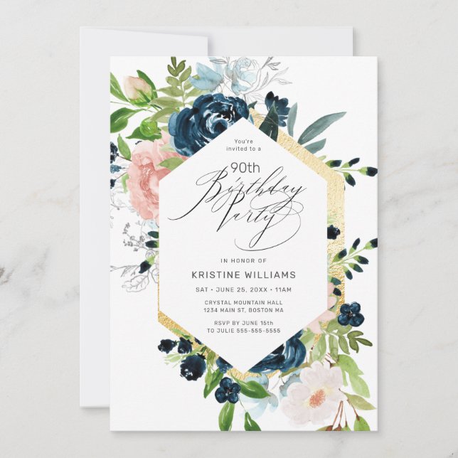 Invitation Fleurs aquarelles roses bleues pour 90e anniversai (Devant)