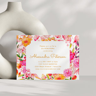 Invitation Fleurs aquarelles roses et orange QUINCEAÑERA