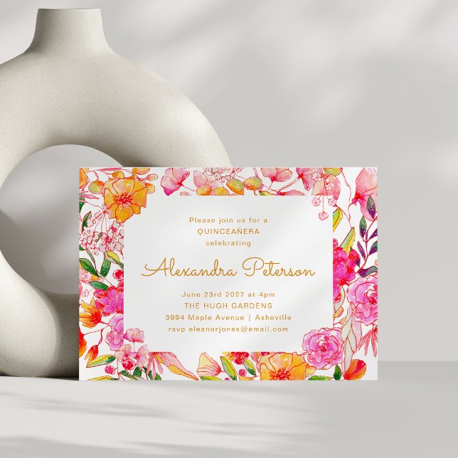 Invitation Fleurs aquarelles roses et orange QUINCEAÑERA (Créateur téléchargé)