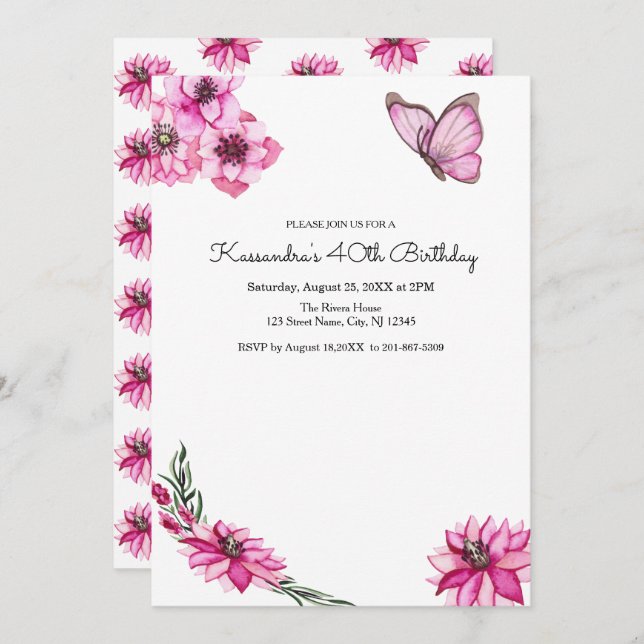 Invitation Fleurs aquarelles roses et papillon Joyeux Anniver (Devant / Derrière)