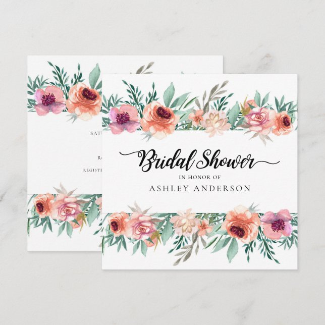 Invitation Fleurs Aquarelles Roses Modernes pour Mariage (Devant / Derrière)