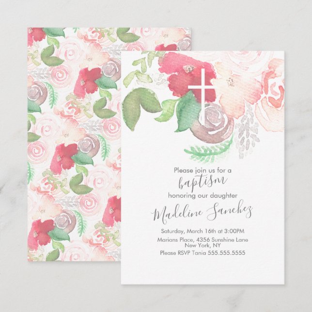 Invitation Fleurs aquarelles roses peintes à la main pour bap (Devant / Derrière)
