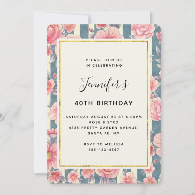 Invitation Fleurs aquarelles roses sur bandes anniversaire (Devant)