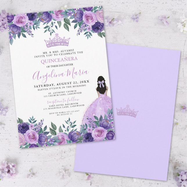 Invitation Fleurs aquarelles roses violettes Quinceanera (Floral Purple Rose Quinceanera Invitation)