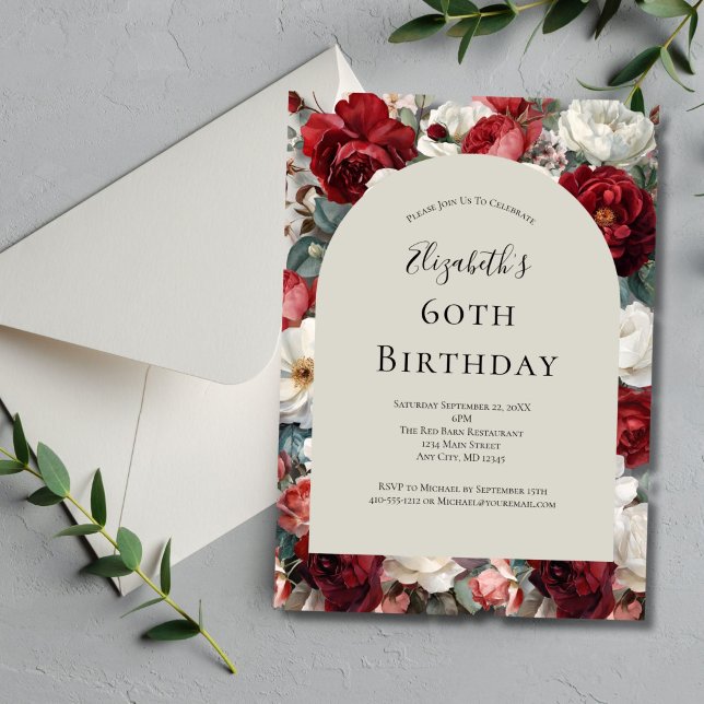Invitation Fleurs aquarelles rouges et blanches 60e anniversa (Red White Watercolor Florals Arch 60th ( or any year ) birthday invitation her. Printed or Digital)