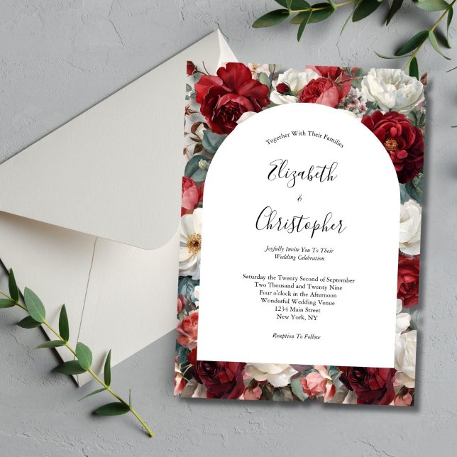 Invitation Fleurs aquarelles rouges et blanches Élégantes (Red White Floral Wedding Invitation. Elegant and Modern. Arch Shape)
