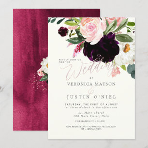 Invitation Fleurs aquarelles rustiques Bourgogne et rose