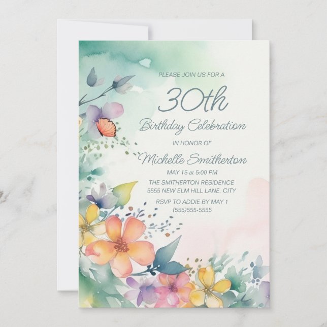 Invitation Fleurs aquarelles sarcelle rose jaune 30e annivers (Devant)