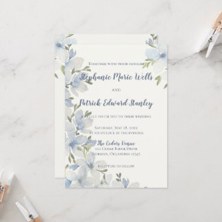 Invitation Fleurs aquarelles texturées en bleu et vert