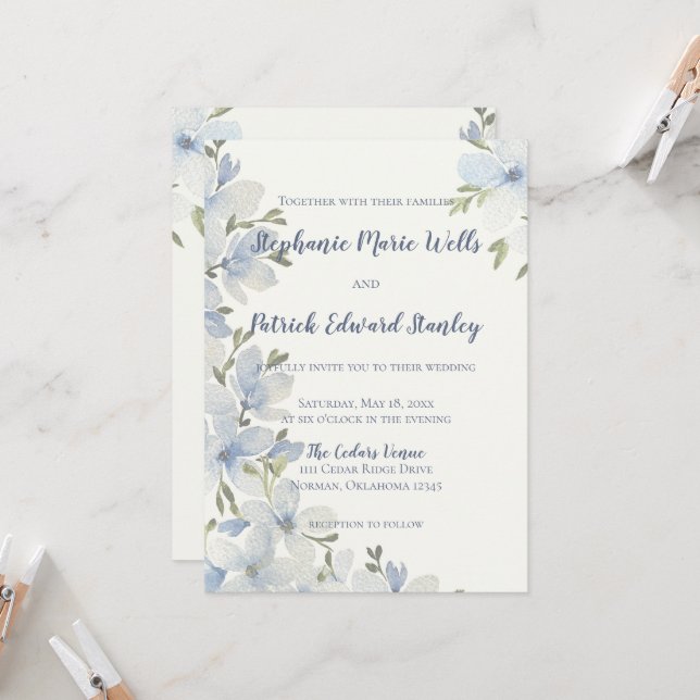 Invitation Fleurs aquarelles texturées en bleu et vert (Devant/Arrière en situation)