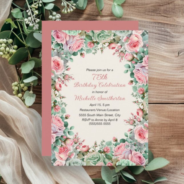 Invitation Fleurs aquarelles vert menthe rose pour 75e annive (Pink and mint green watercolor floral 75th birthday party invitation for women.)