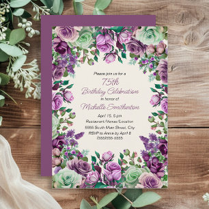 Invitation Fleurs aquarelles vert menthe violet pour 75e anni