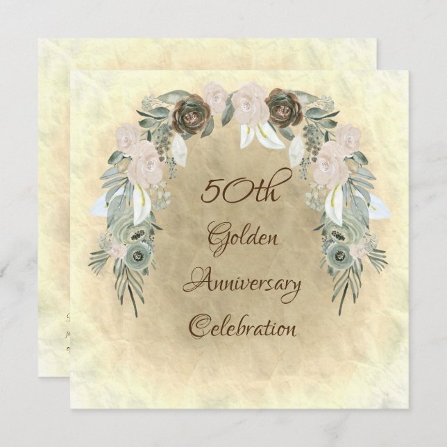 Invitation Fleurs aquarelles vert sauge Mariage doré (Devant / Derrière)