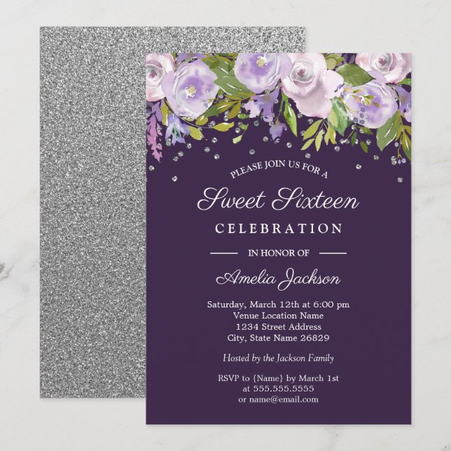 Invitation Fleurs aquarelles violettes argentées pour un Swee (Devant / Derrière)