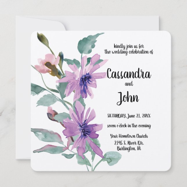 Invitation Fleurs aquarelles violettes Mariage (Devant)