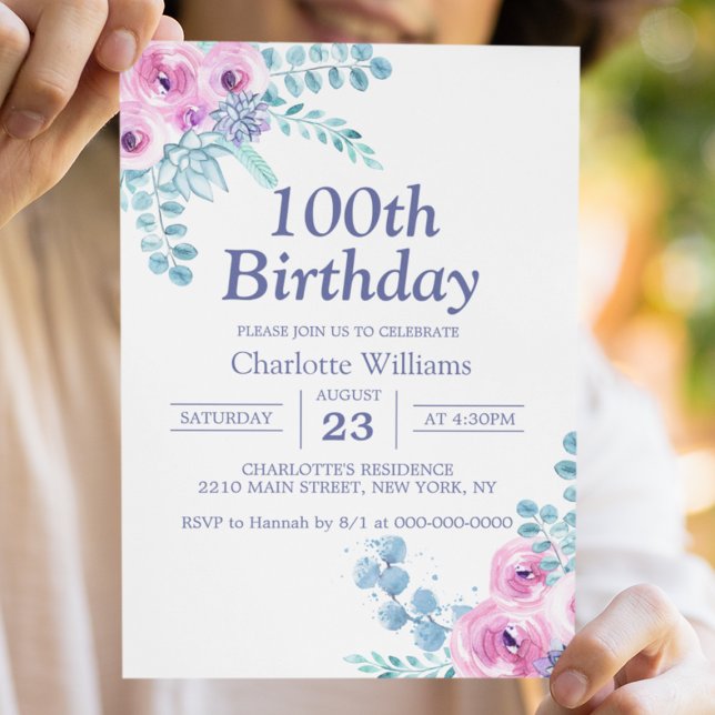 Invitation Fleurs aquarelles violettes pour 100e anniversaire (100th Birthday Watercolor Floral Purple 100 Years Invitation
)