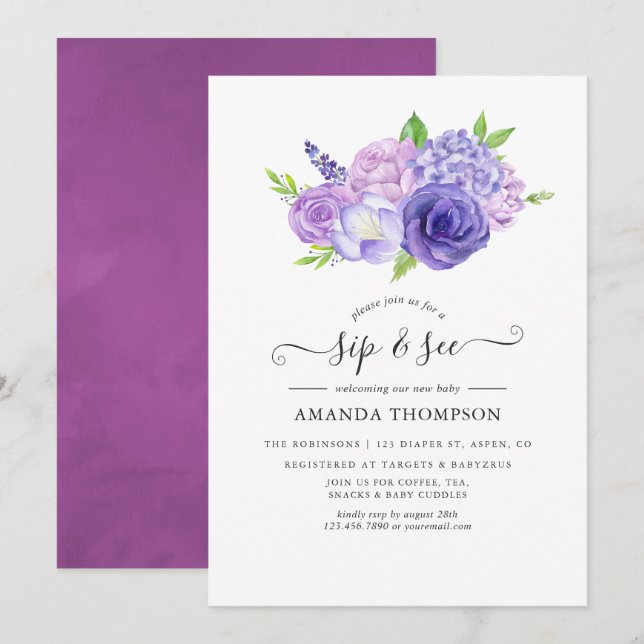 Invitation Fleurs aquarelles violettes Sip and See (Devant / Derrière)