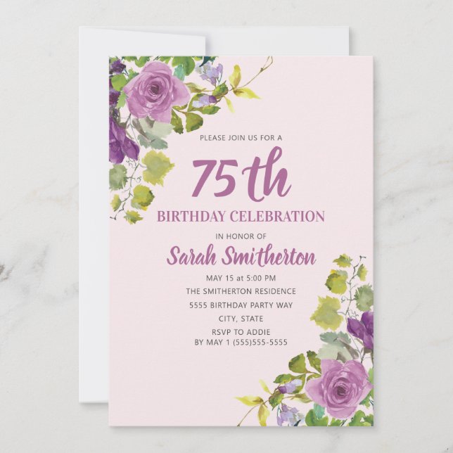 Invitation Fleurs aquarelles violettes Vignes vertes 75e anni (Devant)