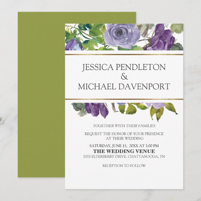 Invitation Fleurs aquarelles violettes vignes vertes or maria (Devant / Derrière)