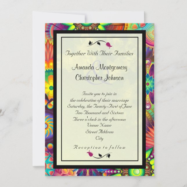 Invitation Fleurs Art Déco multicolores Mariage Abstrait (Devant)