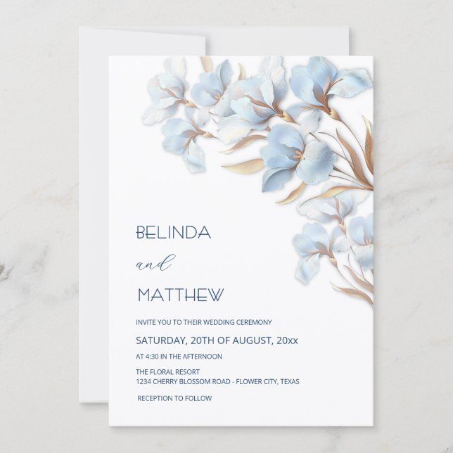Invitation Fleurs Artistiques Or Bleu (Devant)