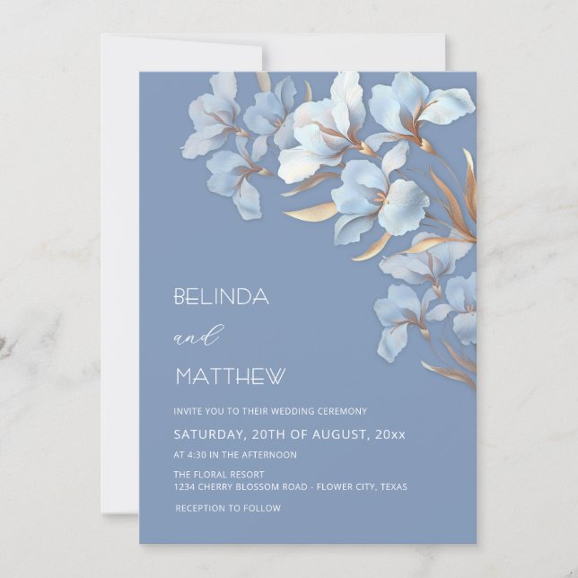 Invitation Fleurs Artistiques Or Bleu (Devant)