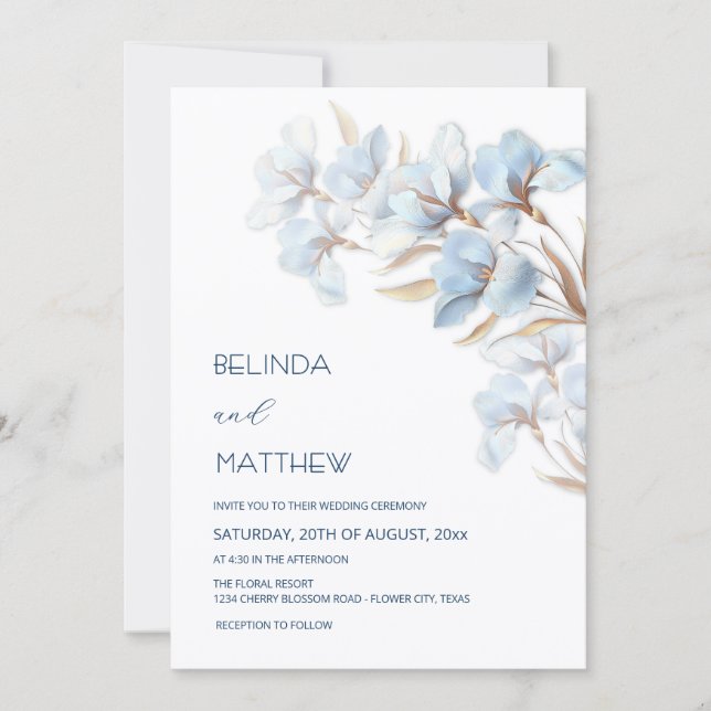 Invitation Fleurs Artistiques Or Bleu (Devant)