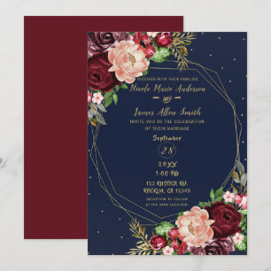Invitation Fleurs Audacieuses d'Automne Mariage Bleu Nuit Or