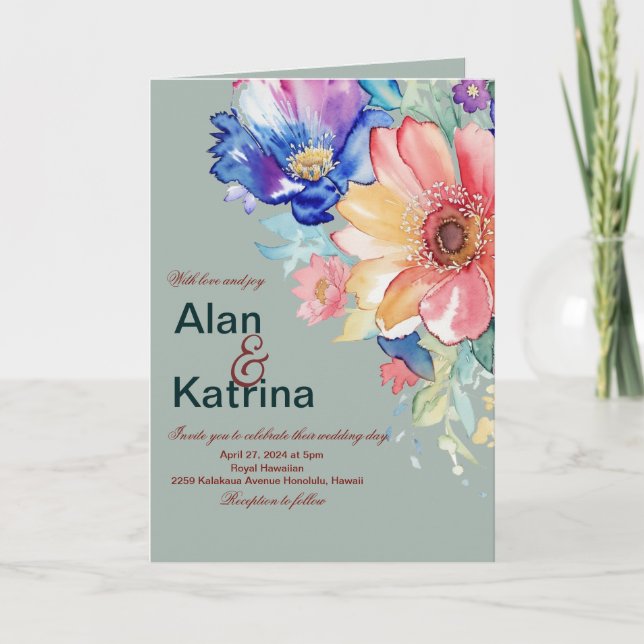 Invitation Fleurs audacieuses Eucalyptus Vert Mariage Plié (Devant)