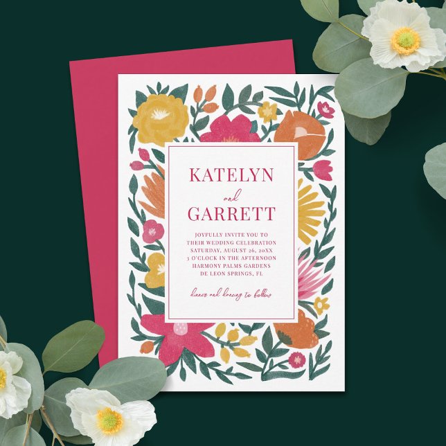 Invitation Fleurs audacieuses Mariage Magenta Orange Jaune  (Créateur téléchargé)