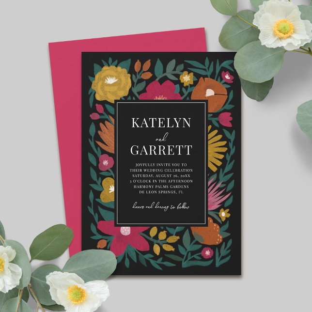 Invitation Fleurs audacieuses Mariage magenta orange noir  (Créateur téléchargé)
