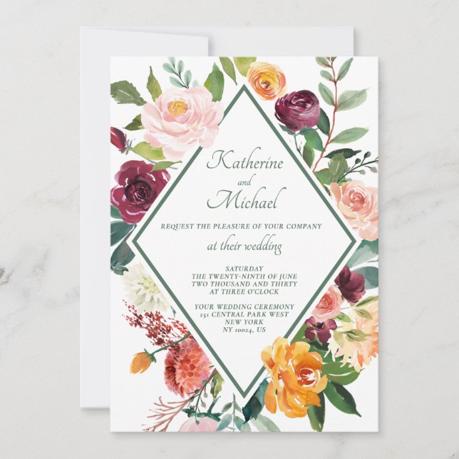 Invitation Fleurs Automatiques Rustiques Mariage Vert Sage (Devant)