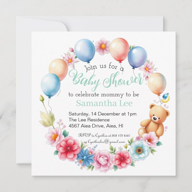 Invitation Fleurs, ballons, baby shower ours en peluche (Devant)