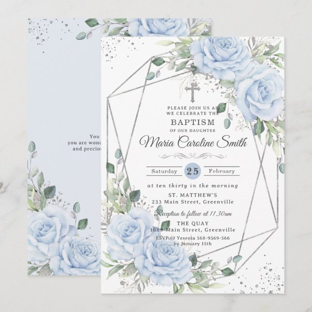 Invitation Fleurs Bébé Bleu Argent Baptême Christening  (Devant / Derrière)