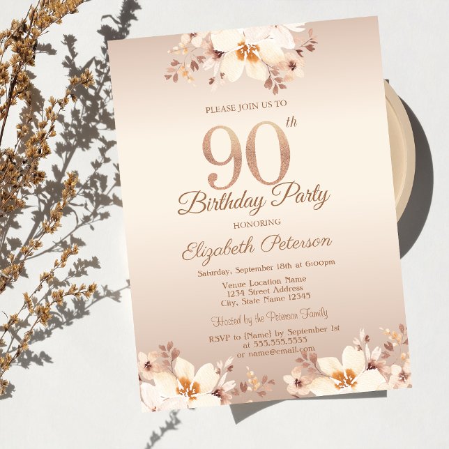 Invitation Fleurs Beige Élégantes 90e Anniversaire   (Créateur téléchargé)