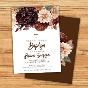 Invitation Fleurs beige marron floral baptême